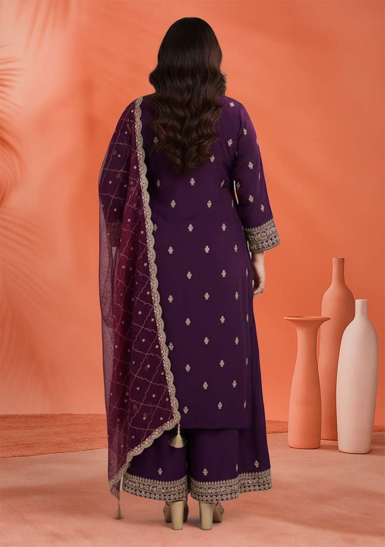 Purple Embroidered Georgette Sharara Set - Indya