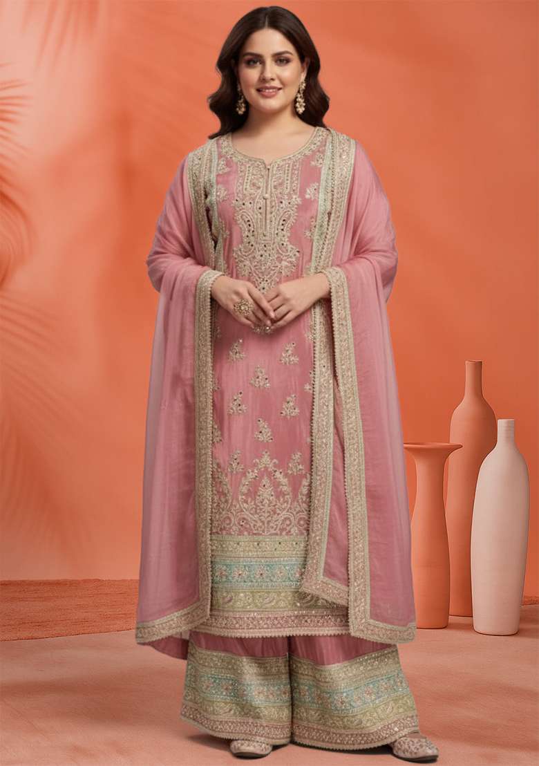 Dark Peach Embroidered Silk Blend Straight Kurta Set - Indya
