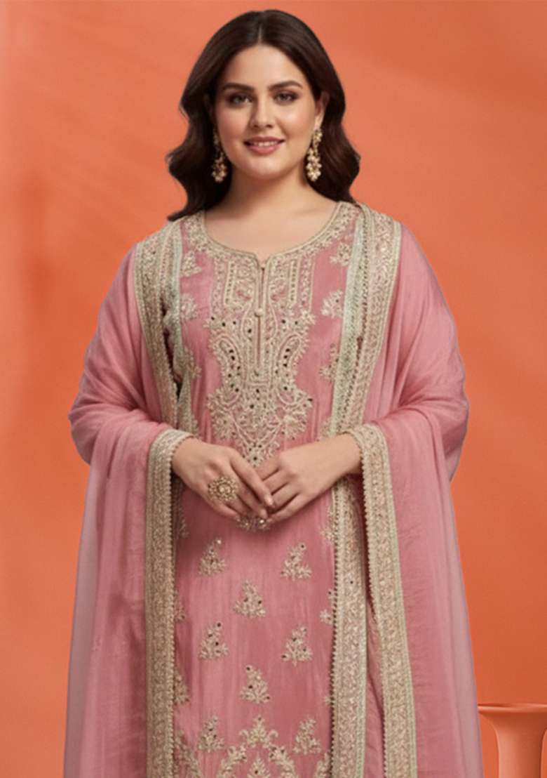 Dark Peach Embroidered Silk Blend Straight Kurta Set - Indya