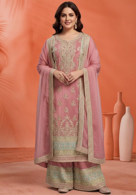 Dark Peach Embroidered Silk Kurta Set