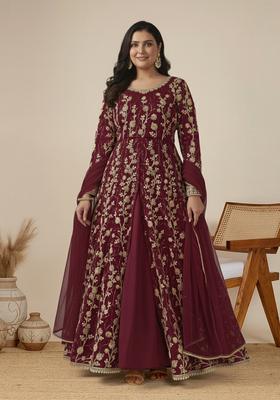 Wine Embroidered Net Kurta Set