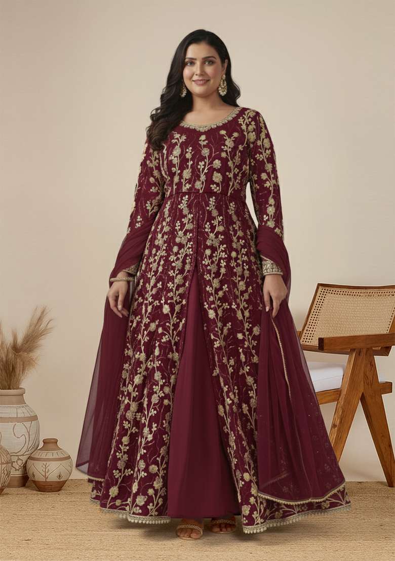 Wine Embroidered Net Anarkali Set - Indya