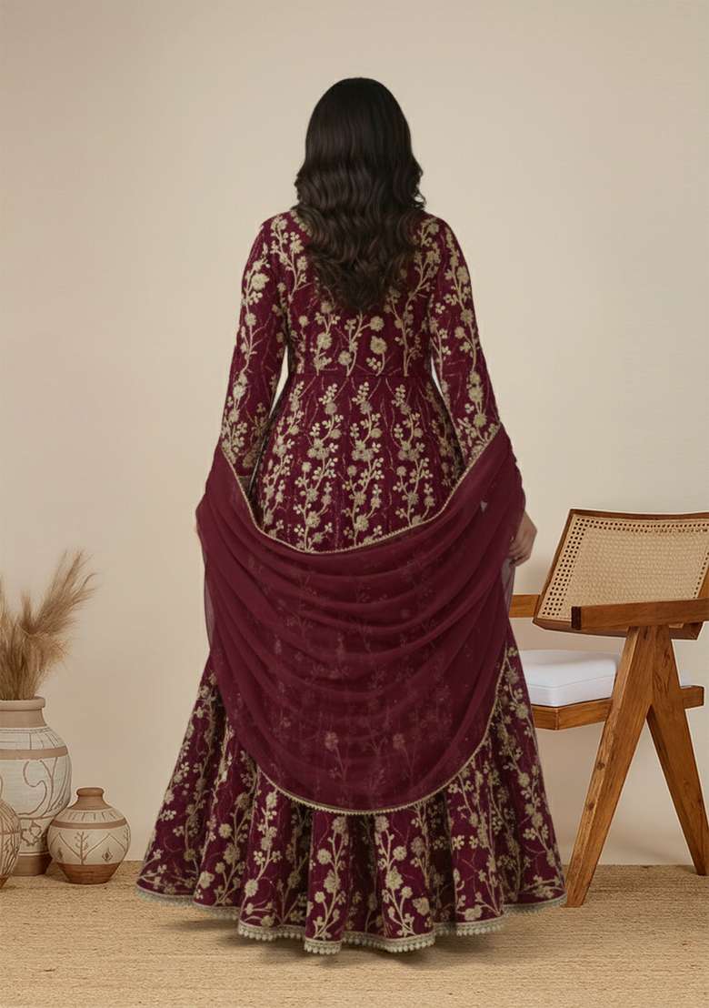 Wine Embroidered Net Anarkali Set - Indya