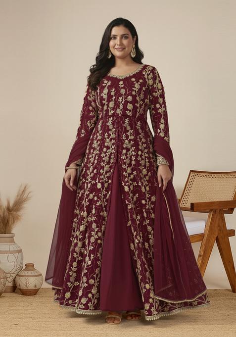Wine Embroidered Net Kurta Set