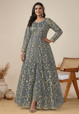 Grey Embroidered Net Kurta Set