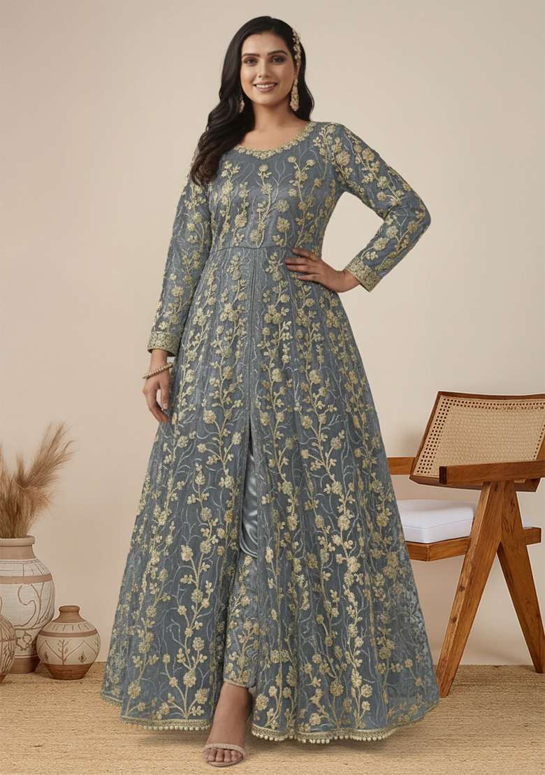 Grey Embroidered Net Anarkali Set - Indya