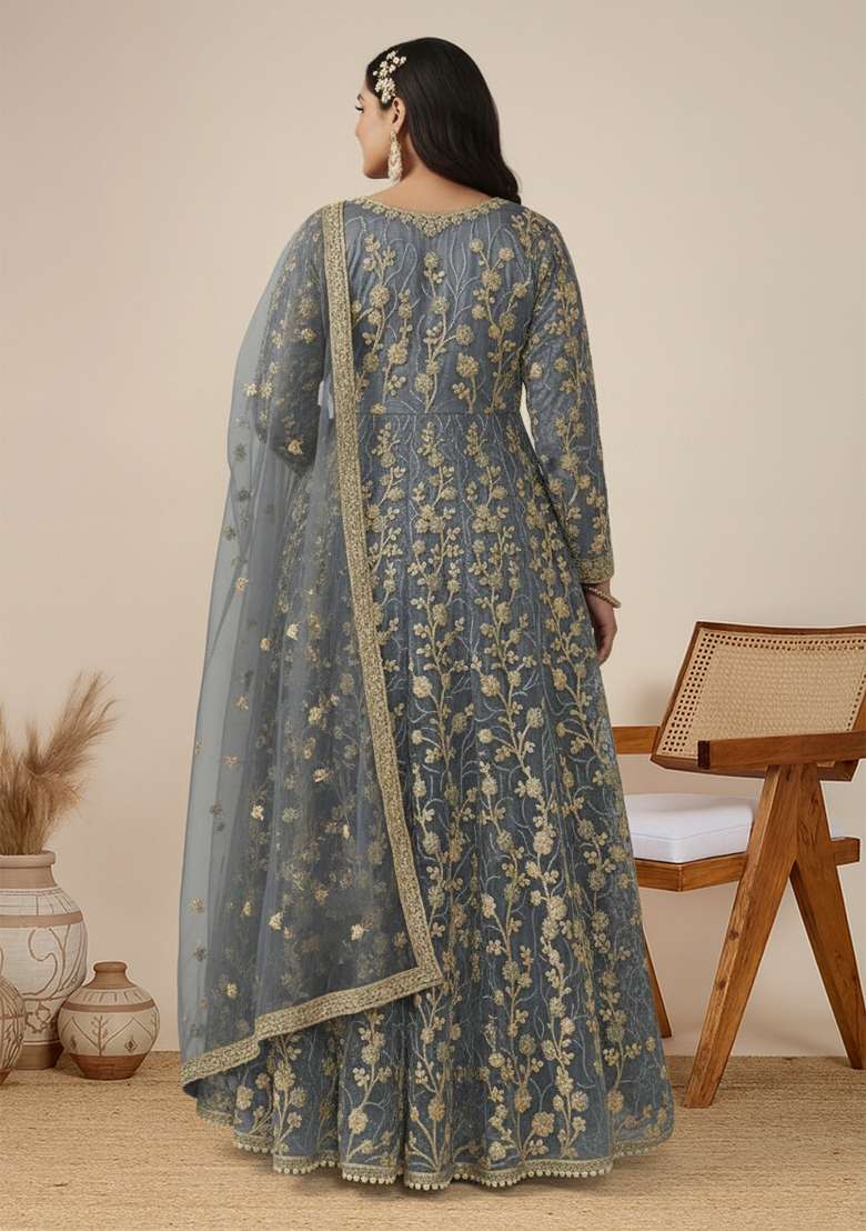 Grey Embroidered Net Anarkali Set - Indya