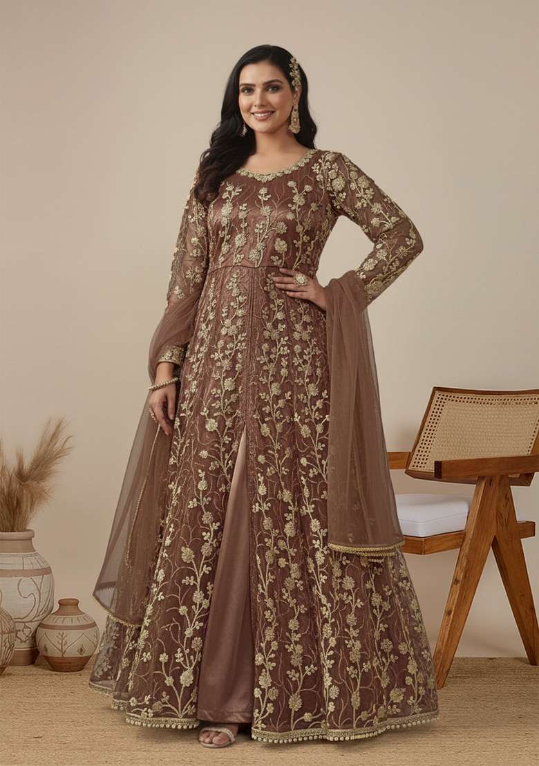Brown Embroidered Net Anarkali Set - Indya
