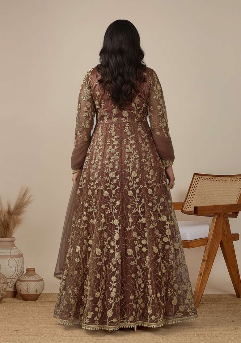Brown Embroidered Net Anarkali Set - Indya