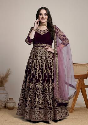 Dark Purple Embroidered Velvet Kurta Set