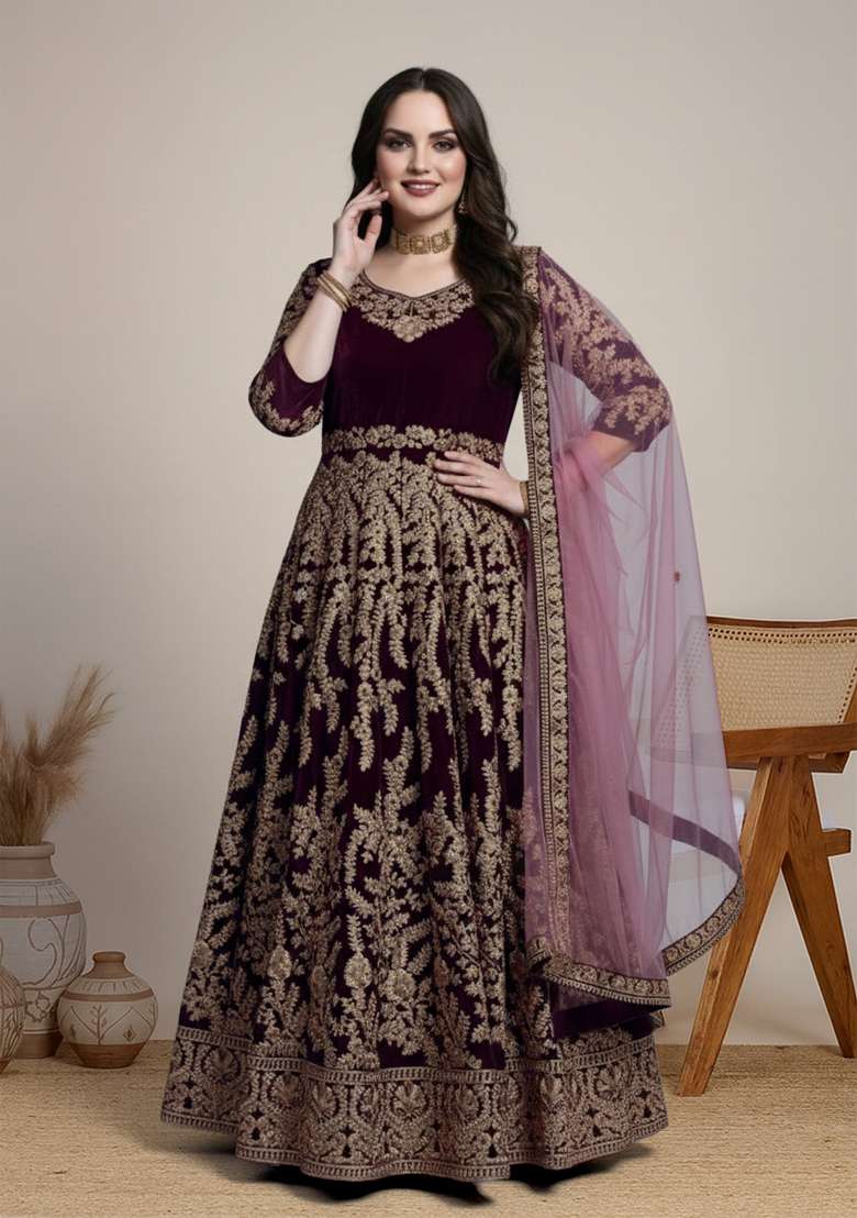 Dark Purple Embroidered Velvet Anarkali Set - Indya