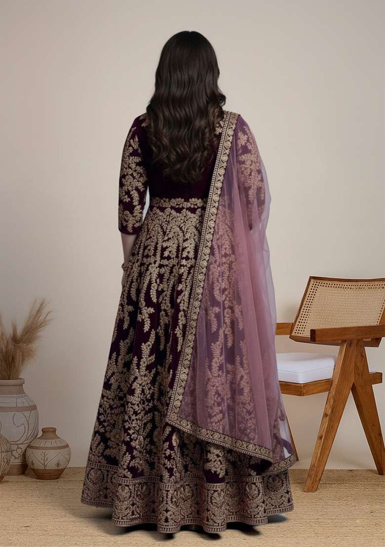 Dark Purple Embroidered Velvet Anarkali Set - Indya