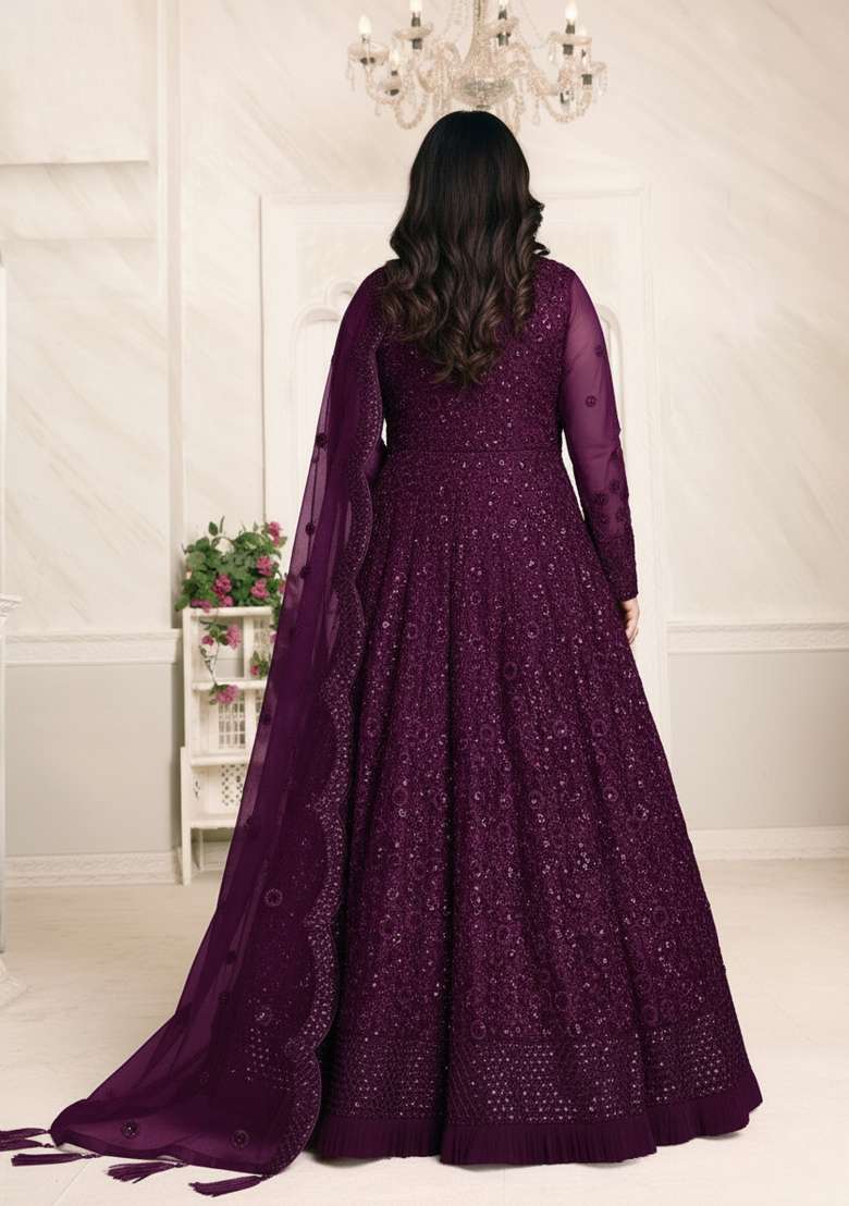 Purple Sequin Work Net Anarkali Set - Indya