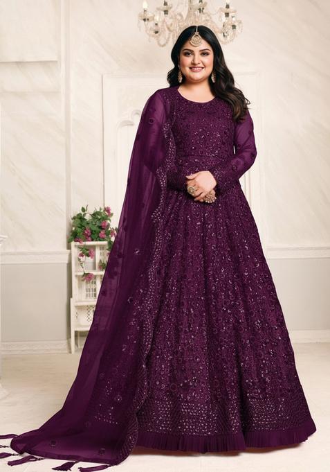 Purple Embroidered Net Kurta Set