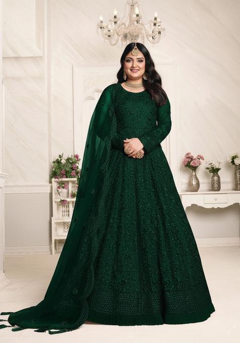 Green Embroidered Net Kurta Set