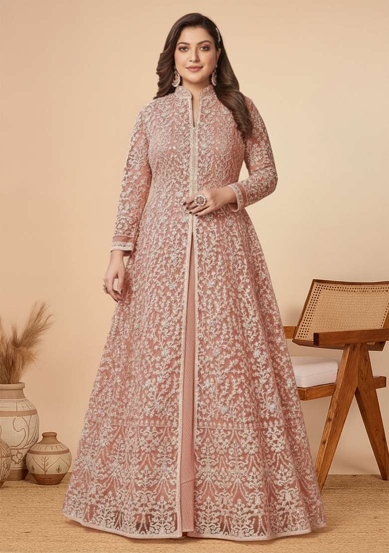 Peach Embroidered Net Anarkali Set - Indya