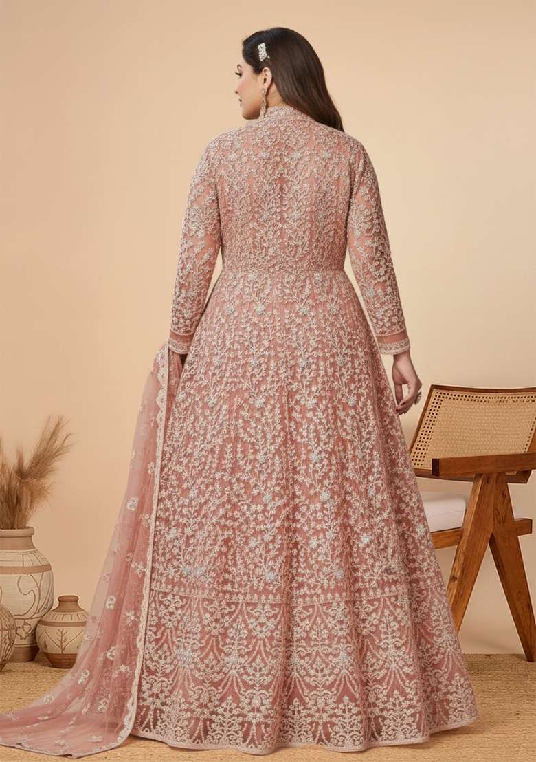 Peach Embroidered Net Anarkali Set - Indya