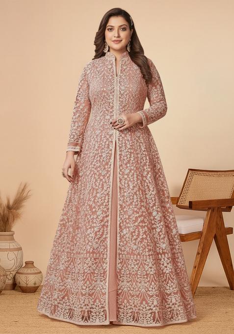 Peach Embroidered Net Kurta Set