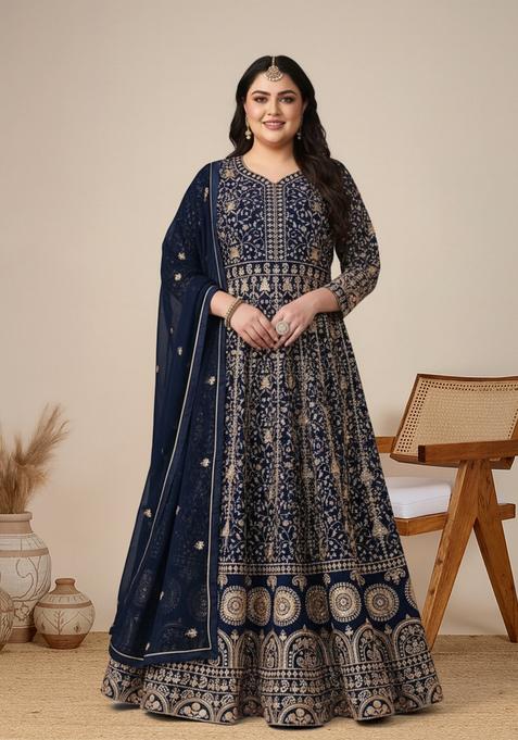 Navy Embroidered Georgette Kurta Set