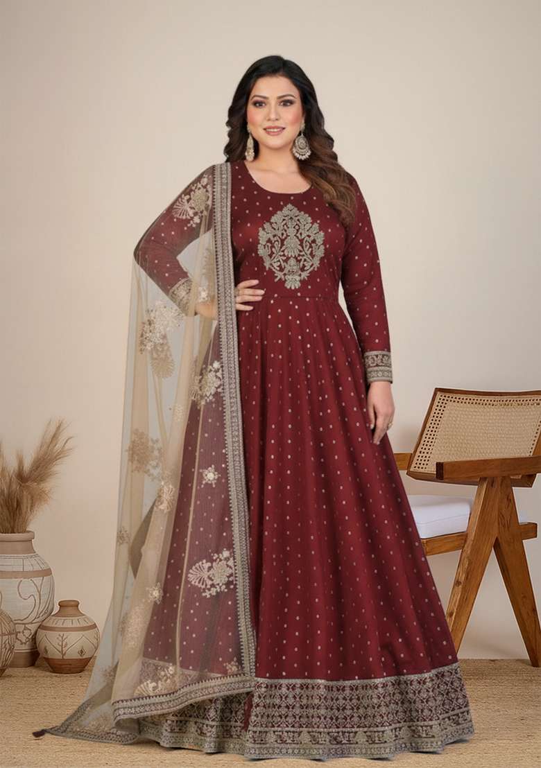 Maroon Embroidered Silk Blend Anarkali Set - Indya