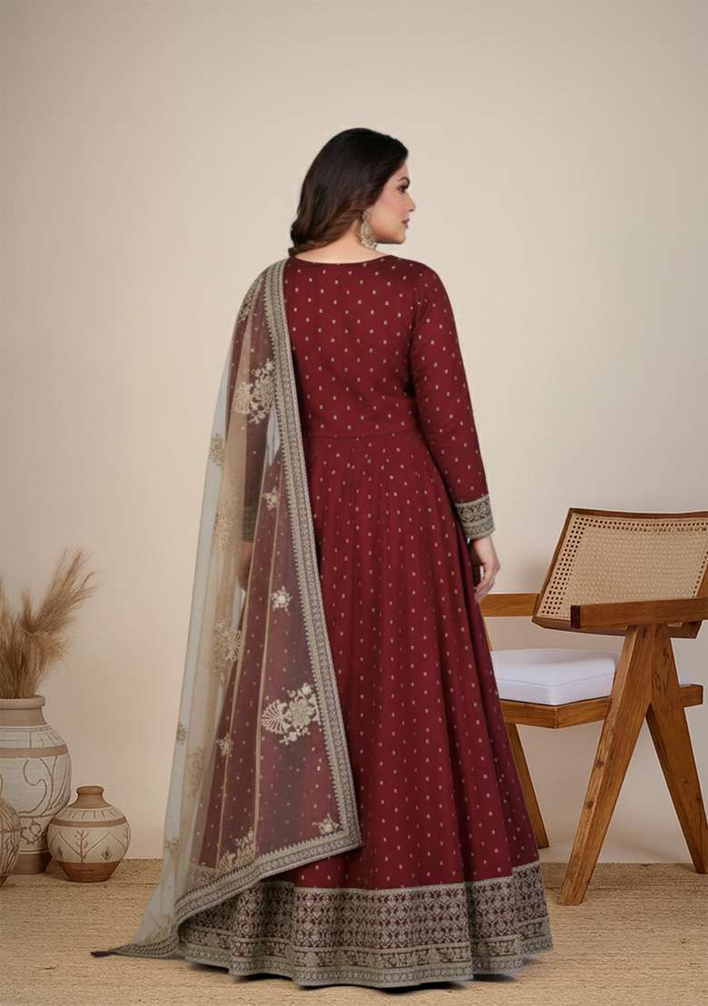 Maroon Embroidered Silk Blend Anarkali Set - Indya