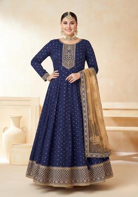 Navy Embroidered Silk Kurta Set