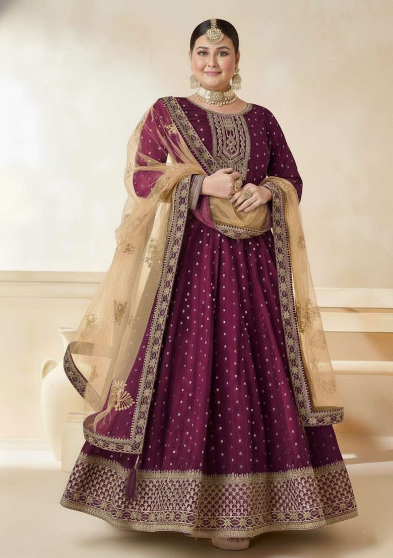 Purple Embroidered Silk Blend Anarkali Set - Indya