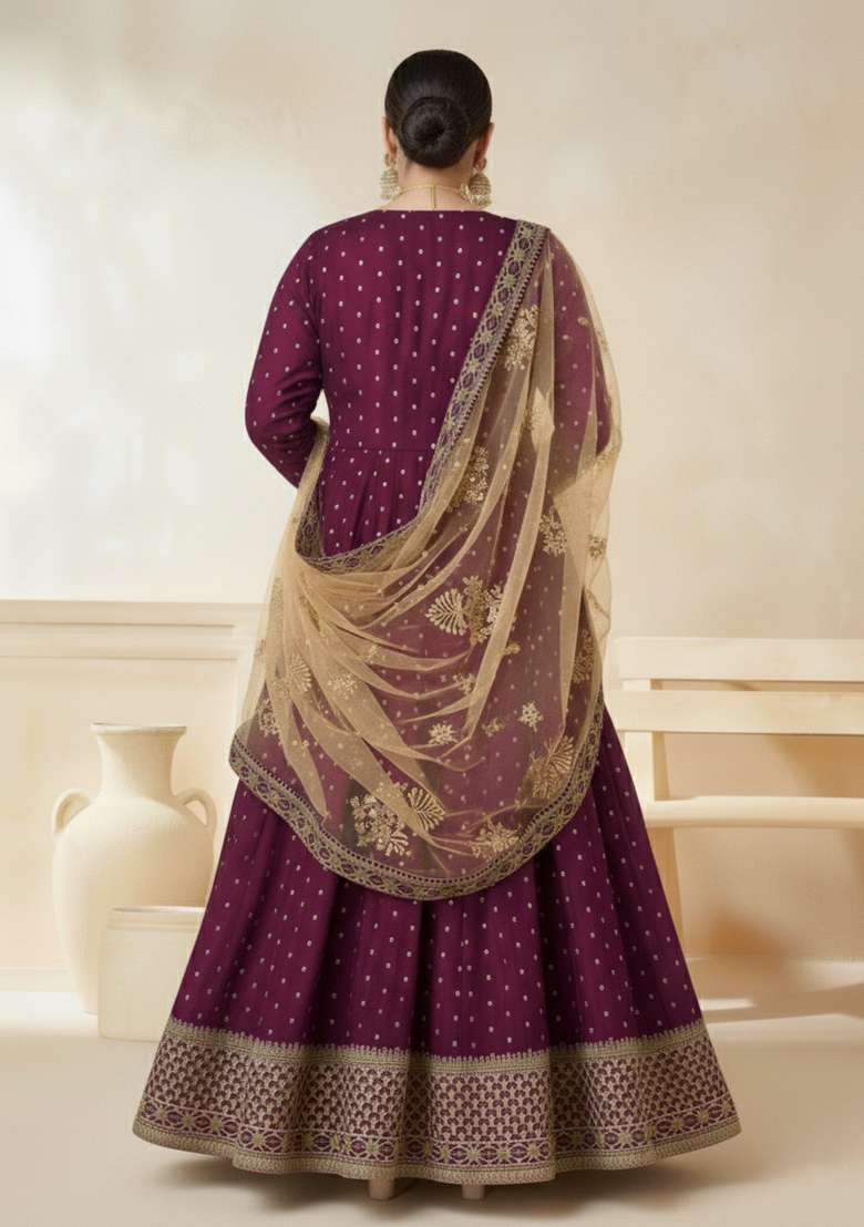 Purple Embroidered Silk Blend Anarkali Set - Indya
