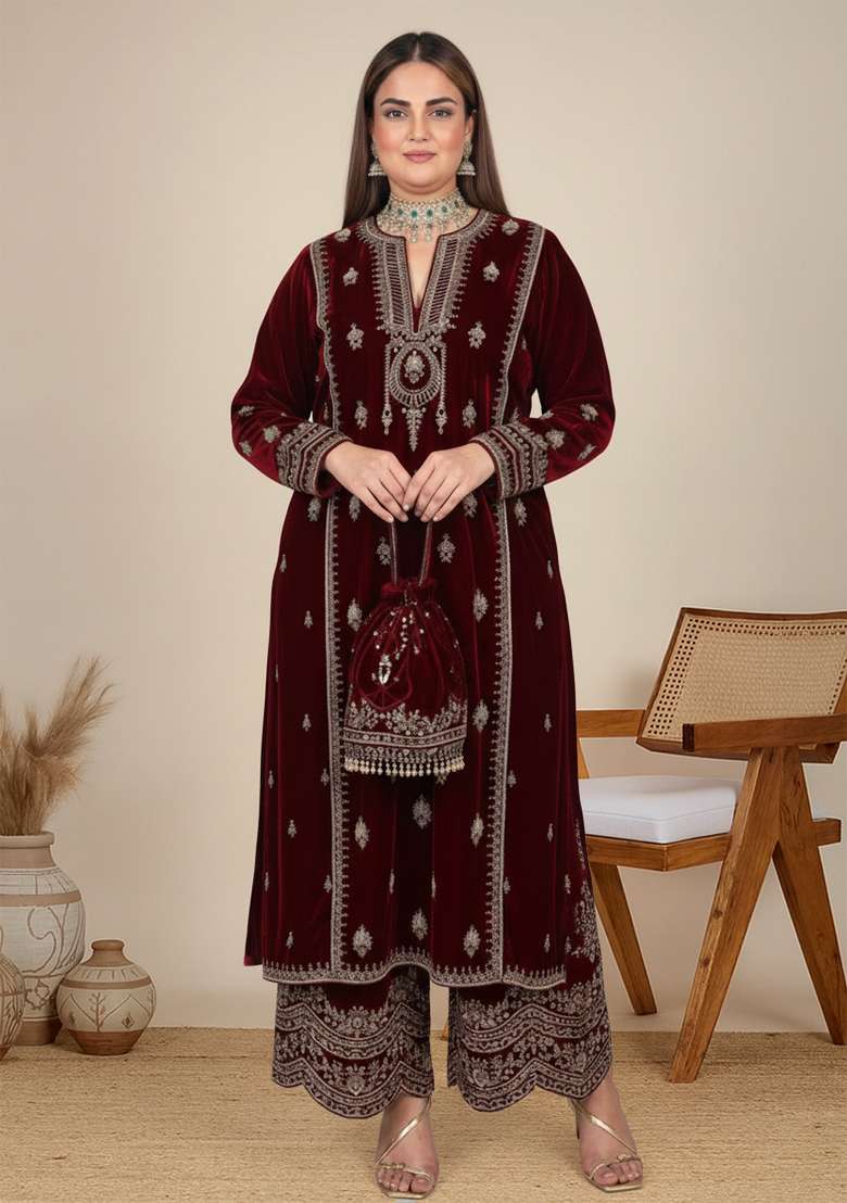 Maroon Embroidered Velvet Straight Kurta Set - Indya