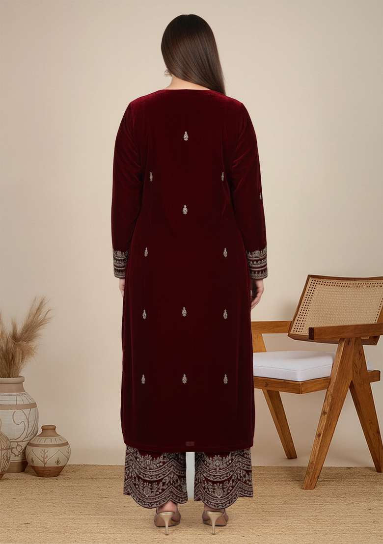 Maroon Embroidered Velvet Straight Kurta Set - Indya