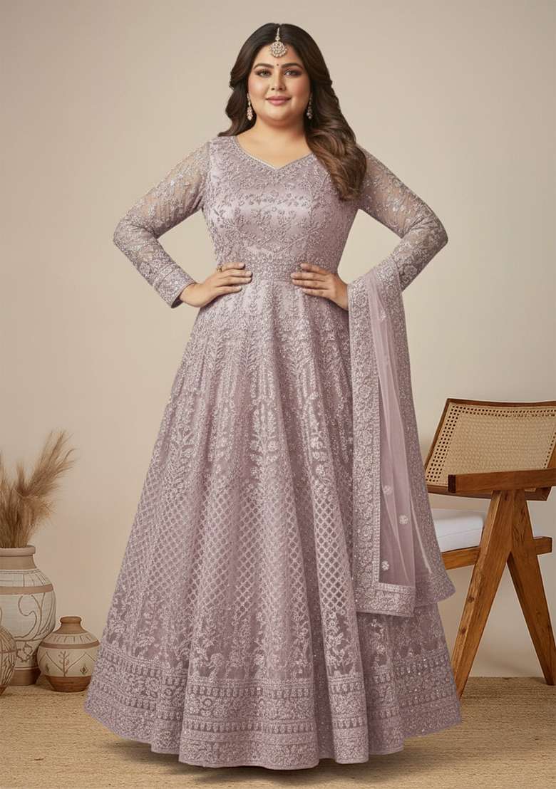 Dusty Purple Embroidered Net Kurta Set - Indya