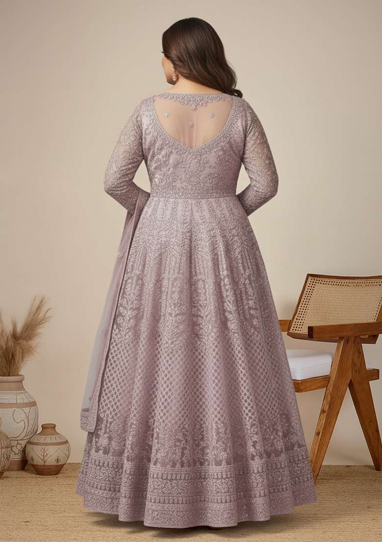 Dusty Purple Embroidered Net Kurta Set - Indya