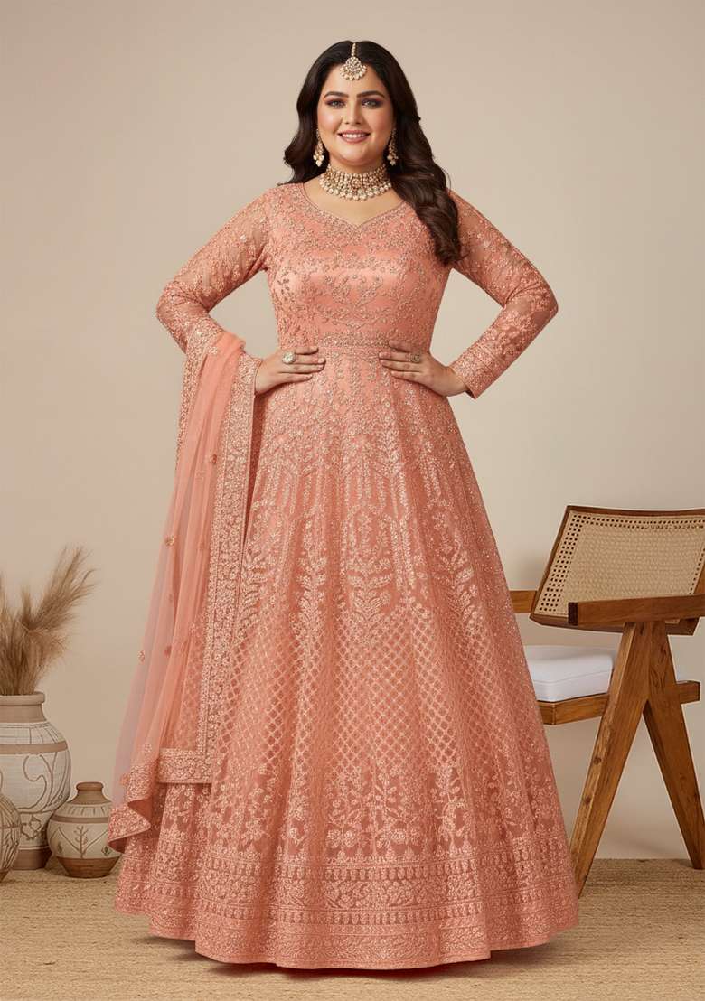 Peach Embroidered Net Kurta Set - Indya