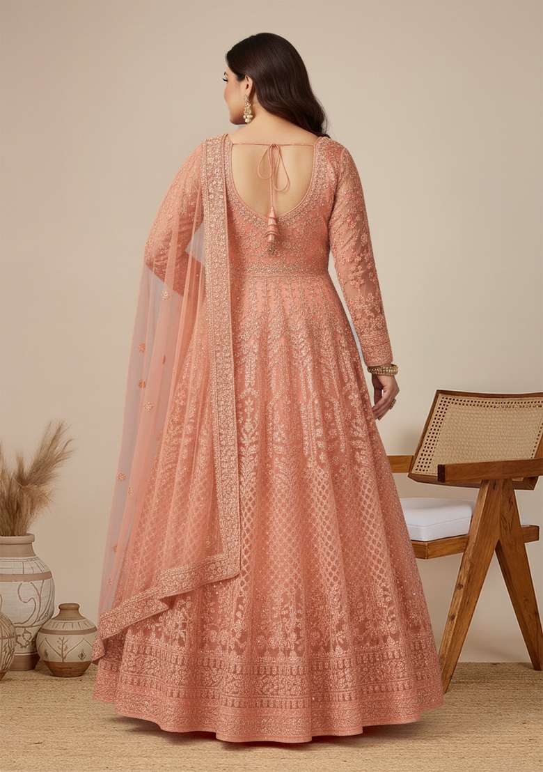 Peach Embroidered Net Kurta Set - Indya