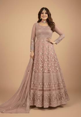 Peach Embroidered Net Kurta Set