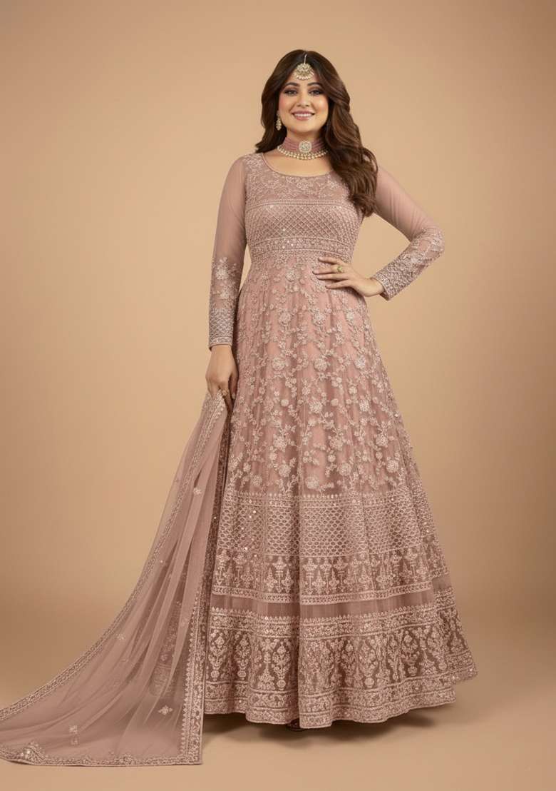 Peach Embroidered Net Kurta Set - Indya