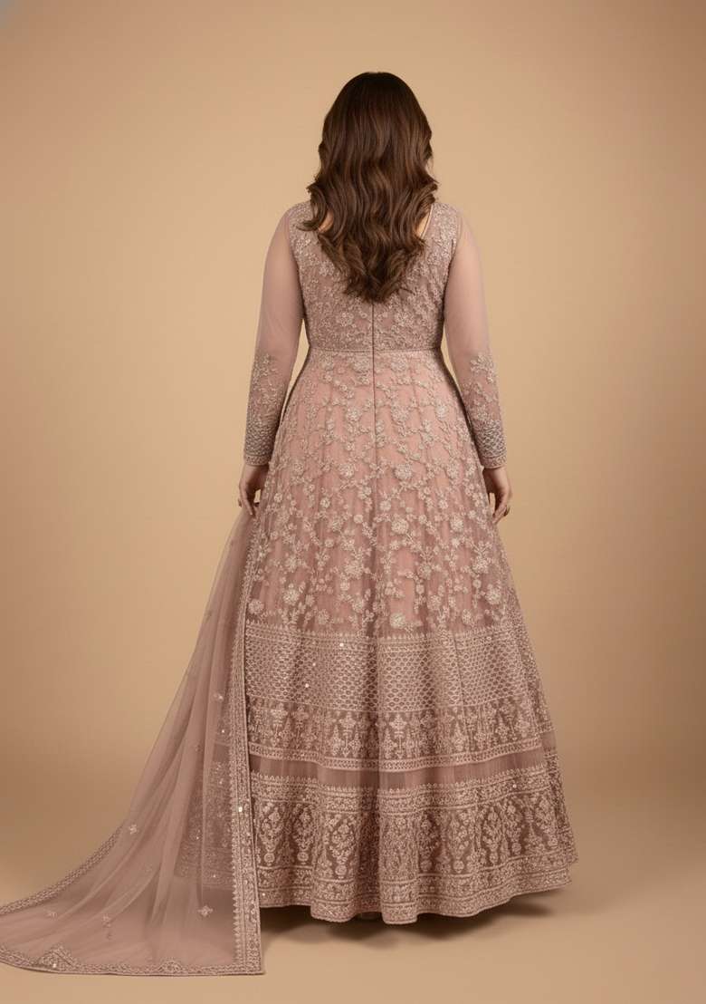 Peach Embroidered Net Kurta Set - Indya