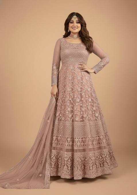 Peach Embroidered Net Kurta Set