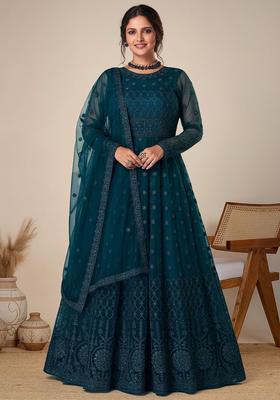 Turquoise Embroidered Net Kurta Set