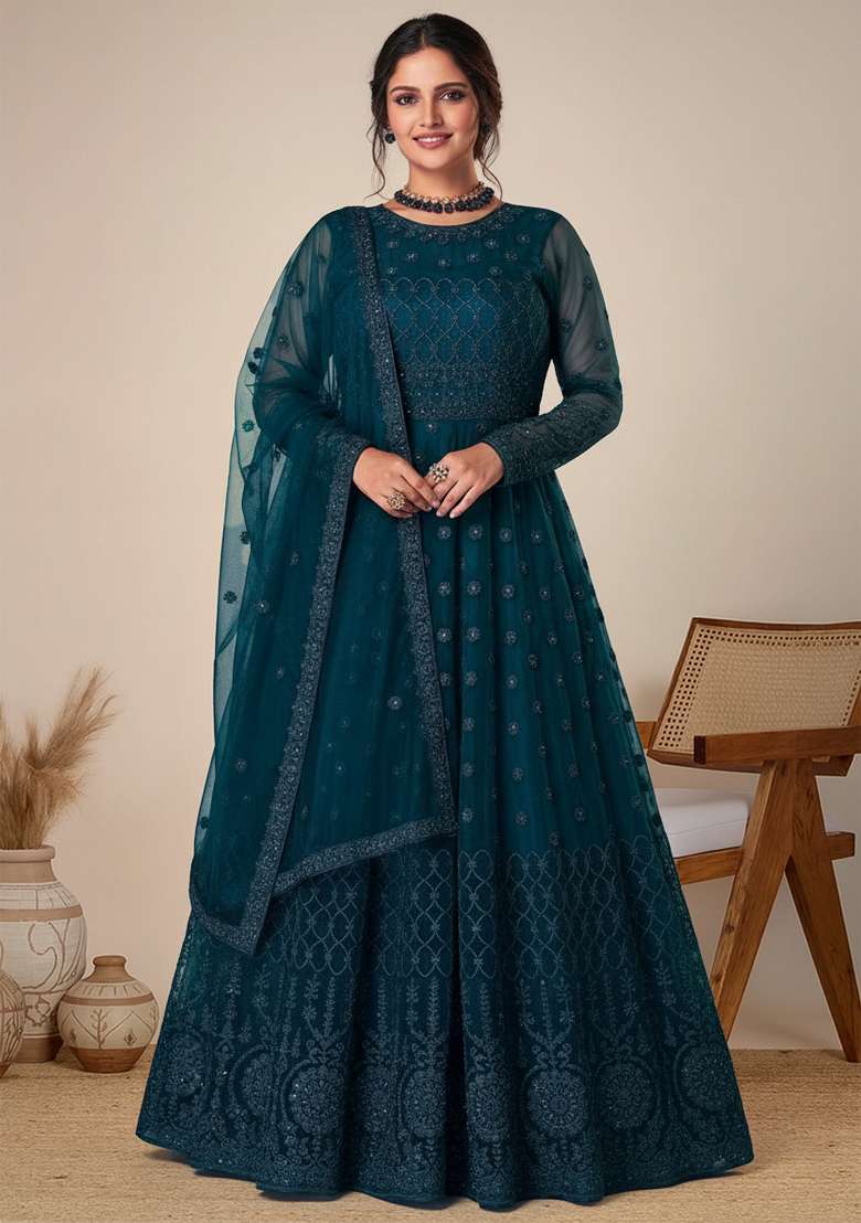 Turquoise Embroidered Net Kurta Set - Indya