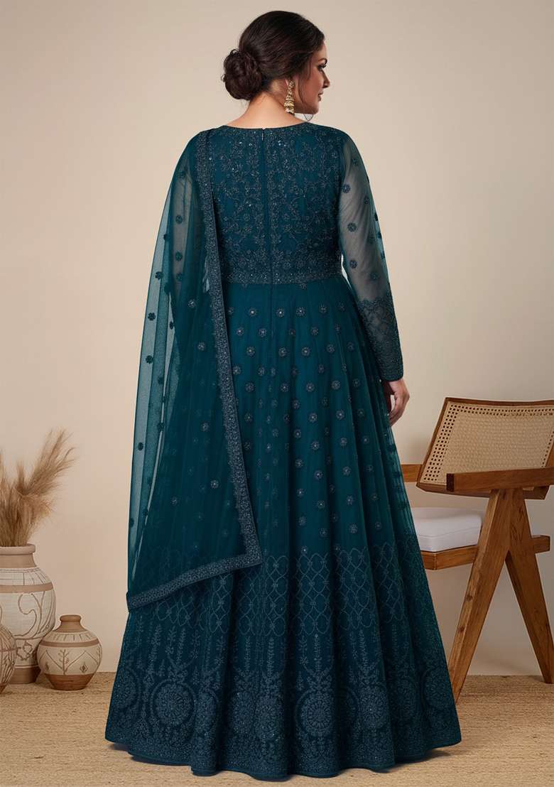 Turquoise Embroidered Net Kurta Set - Indya