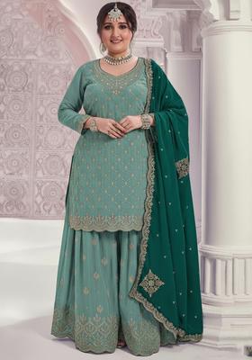 Turquoise Embroidery Chinon Sharara Set