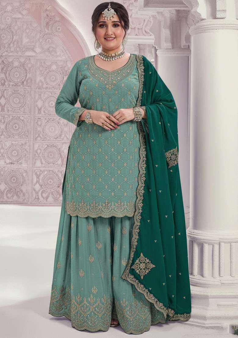Turquoise Embroidery Chinon Sharara Set - Indya