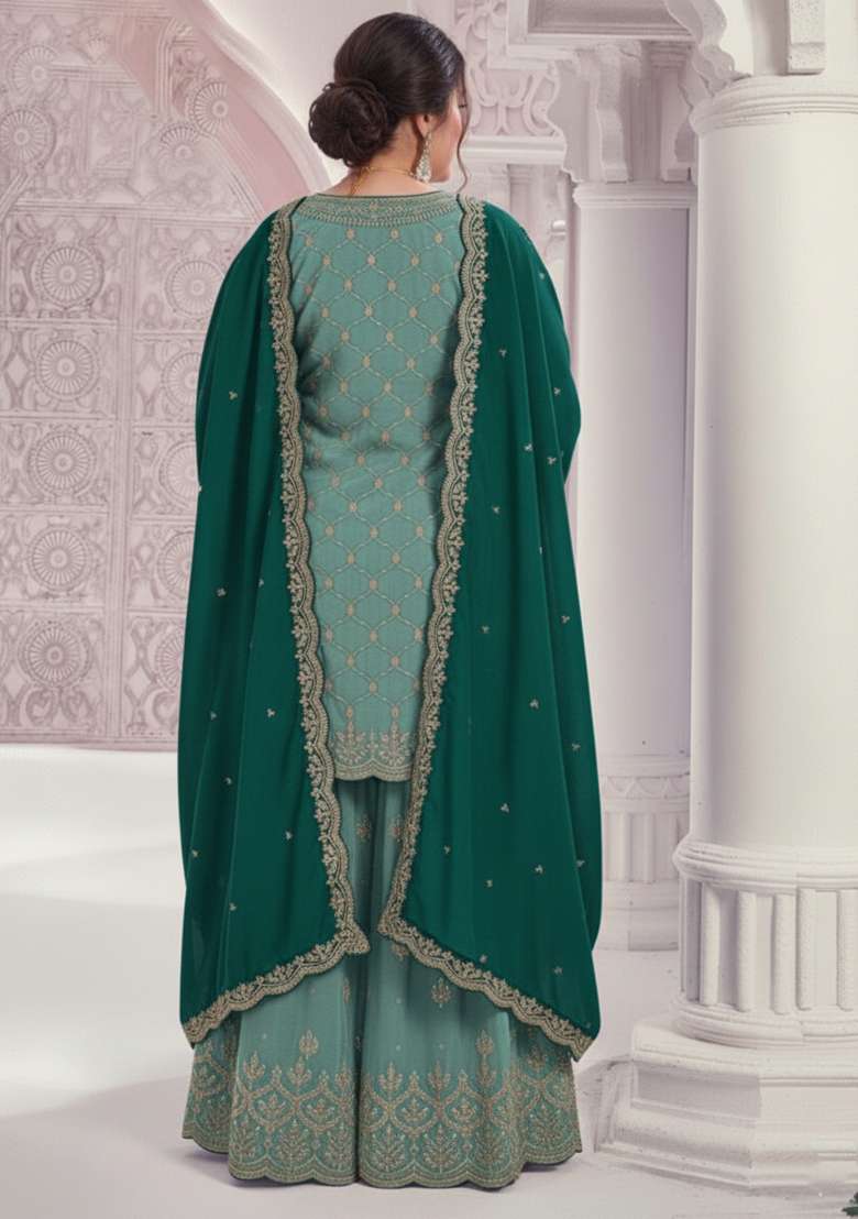 Turquoise Embroidery Chinon Sharara Set - Indya