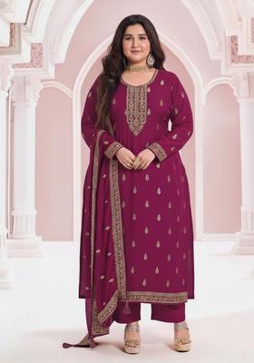 Purple Embroidery Silk Salwar Kameez