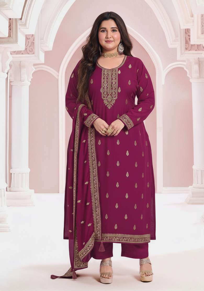 Purple Embroidery Silk Salwar Kameez - Indya
