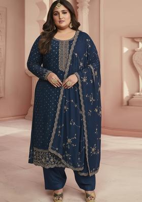 Navy Blue Embroidery Silk Salwar Kameez