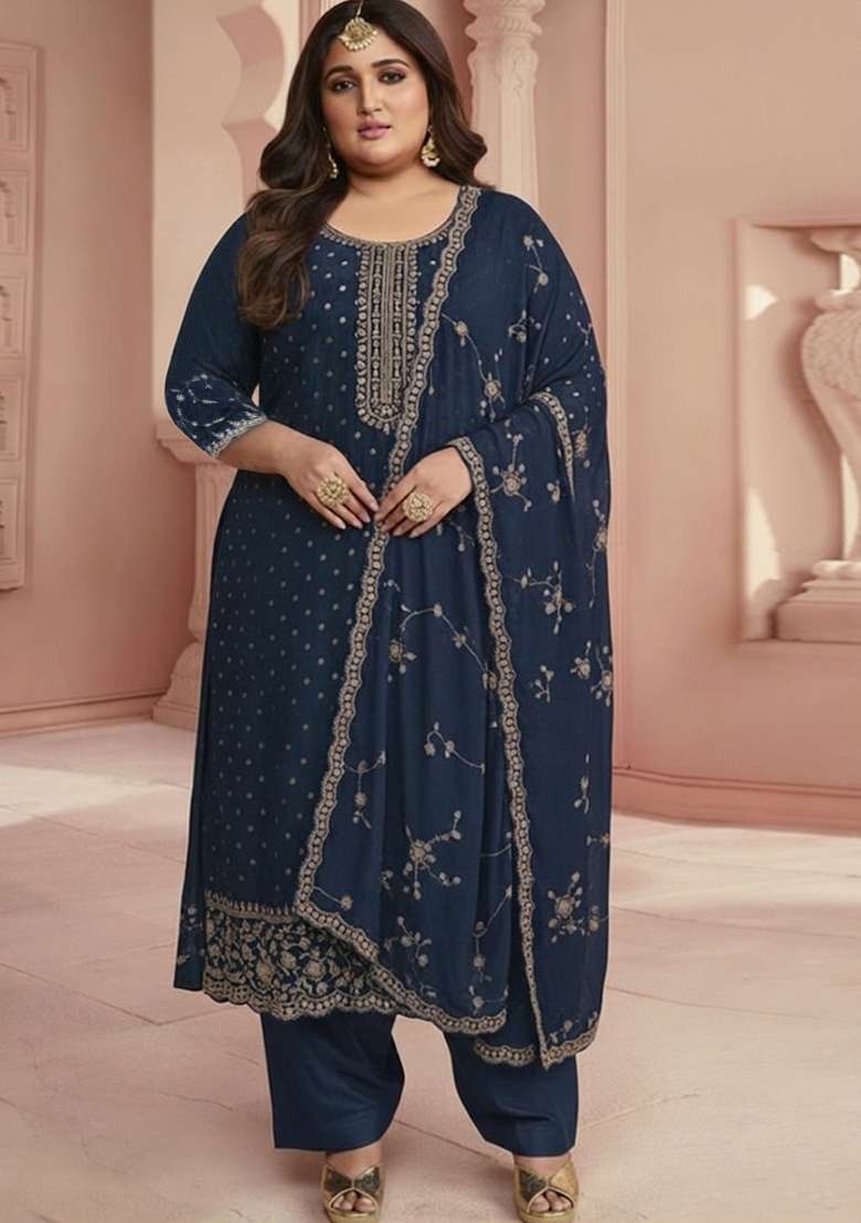 Navy Blue Embroidered Silk Blend Pakistani Suit Set - Indya