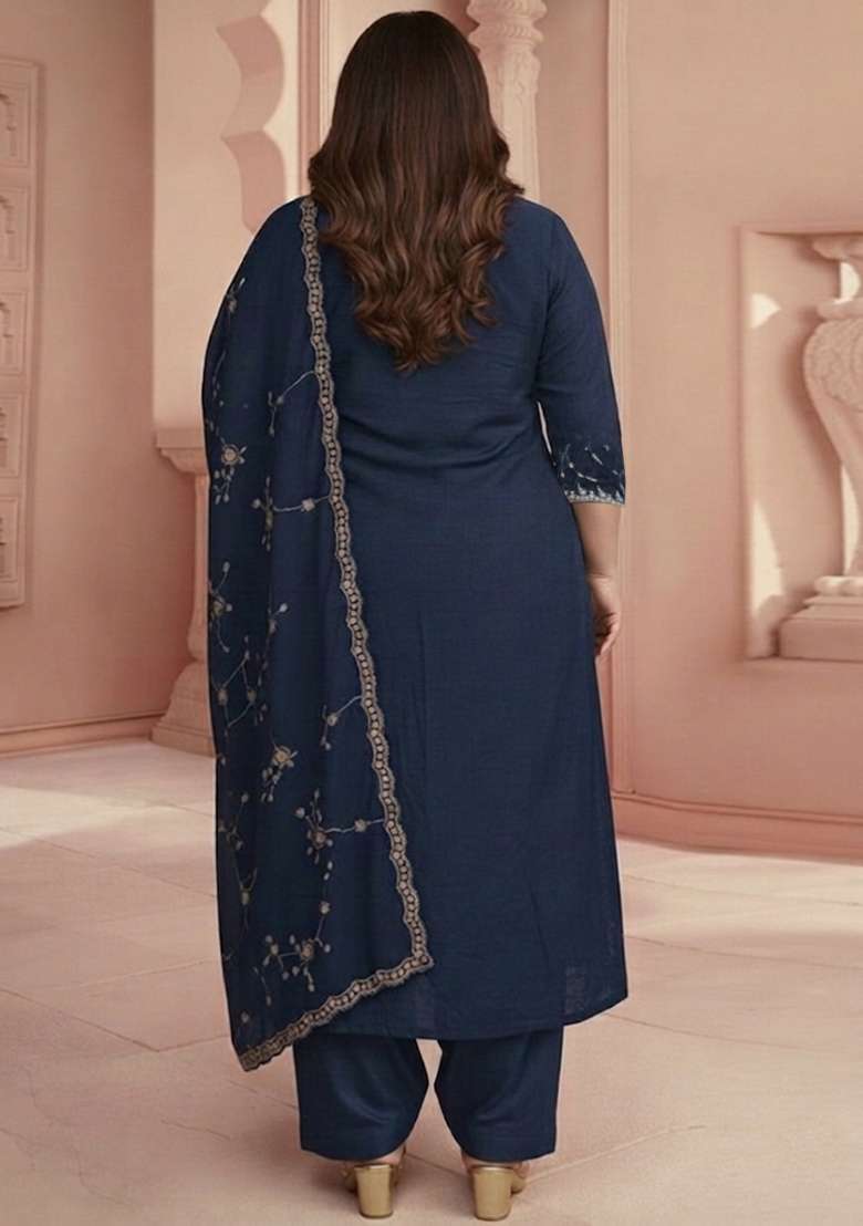 Navy Blue Embroidered Silk Blend Pakistani Suit Set - Indya