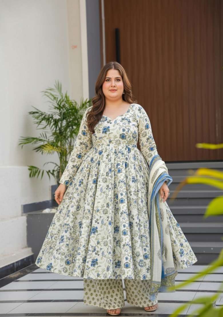 Off White Floral Print Silk Anarkali Set - Indya
